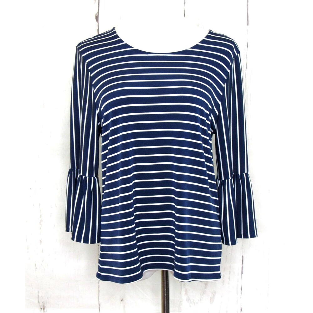 Chicos Knit Top 3/4 Bell Sleeve Stretch Keyhole Back Navy White Striped Sz 1 M/8